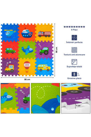 FizioTab FizioTab® EVA foam puzzle mat, 9 pieces, Helicopter, Ship, Car, 86x86 cm