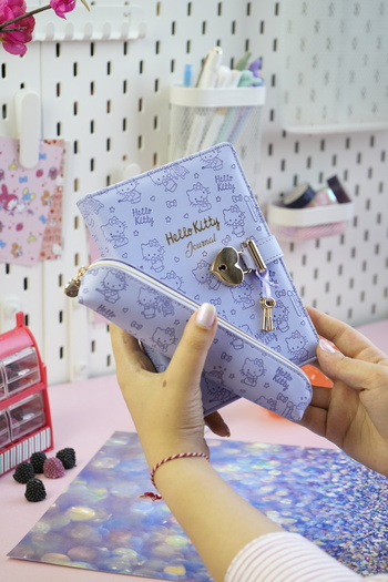 Victoria's Journals Hello Kitty Hush Hush Locked Notebook + Vegan Leather Pen Holder Boxed Set – 160 Sheets, Lined