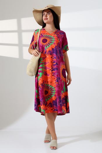 LİKAPA Summer Plus Size Viscose V-Neck Short Sleeve Dress 2688