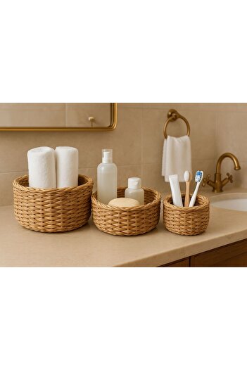 ENYAZA(2024) 3-Piece Round Wicker Multi-Purpose Bathroom Kitchen Makeup Accessory Organizer, Multi-Purpose Organizer