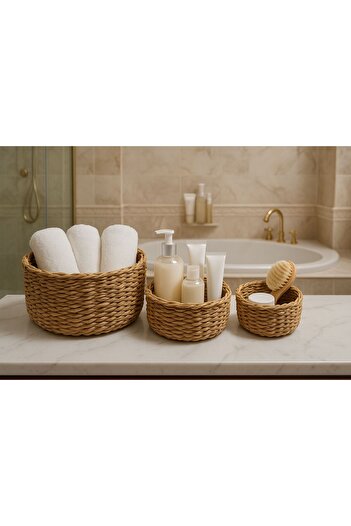 ENYAZA(2024) 3-Piece Round Wicker Multi-Purpose Bathroom Kitchen Makeup Accessory Organizer, Multi-Purpose Organizer