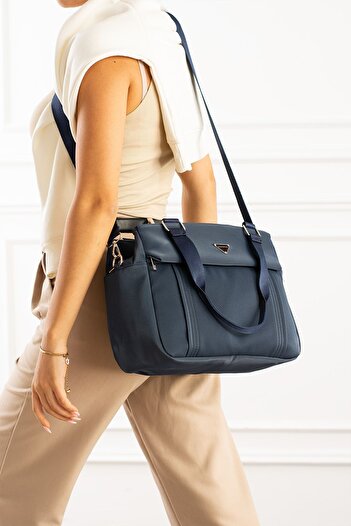 VESSARA Women's Navy Blue Satin Fabric 5 Compartment Adjustable Cross Strap Hand and Shoulder Bag