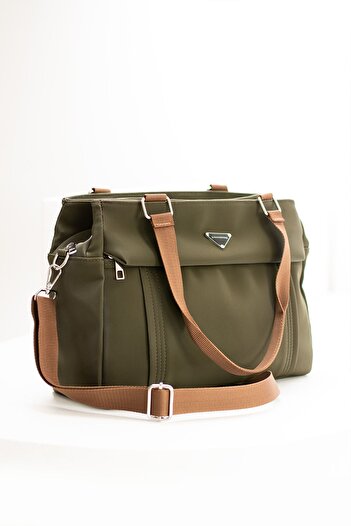 VESSARA Women's Khaki Tan Color Satin Fabric 5 Compartment Adjustable Cross Strap Hand and Shoulder Bag
