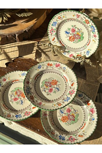 SPODE Antique British Chinese Rose Colorful Floral Dessert/Cake Plate Wall 16 cm Set of 4