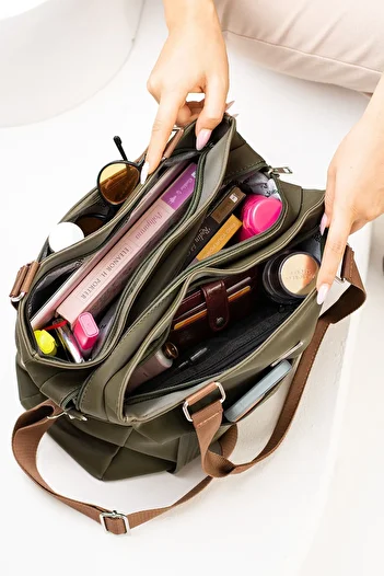 VESSARA Women's Khaki Tan Color Satin Fabric 5 Compartment Adjustable Cross Strap Hand and Shoulder Bag
