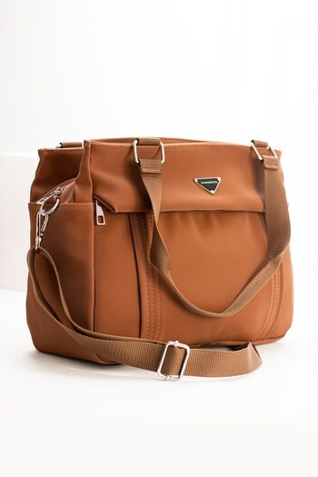 VESSARA Women's Tan Color Satin Fabric 5 Compartment Adjustable Cross Strap Hand and Shoulder Bag