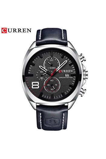 Curren 8324 Chronograph Men's Watch Black Dial Leather Strap Quartz Movement Water Resistant