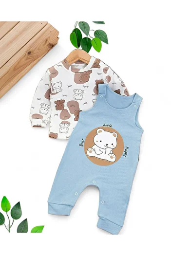 Egelite Baby Boy 0-3-6-9 Months Bear Printed Salopet / Gardener Jumpsuit and Underwear Set