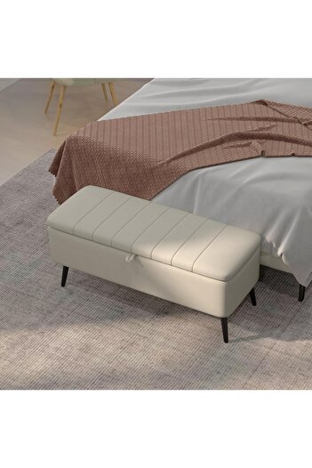 arge demo Bianka Bench Sandıklı Puf Retro Ahşap Ayak Krem Keten Kumaş