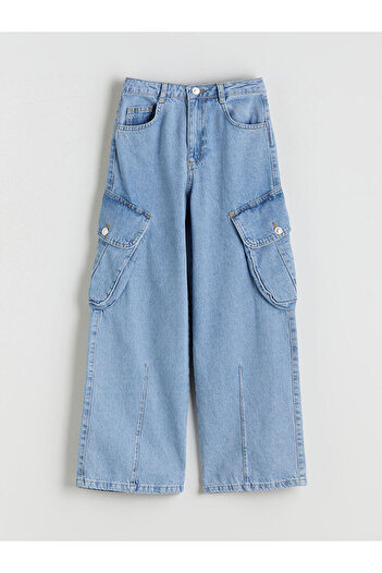 LC Waikiki Girl's Cargo Jean Trousers with Adjustable Elastic Waist