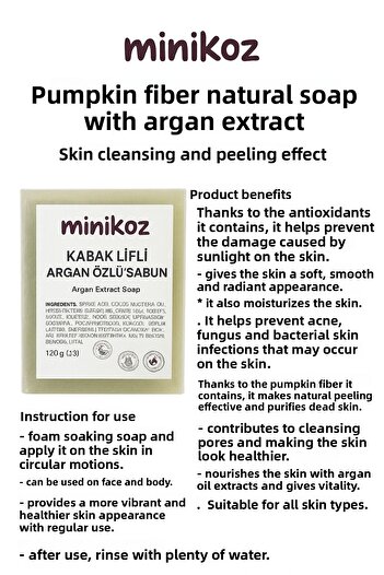 Minikoz Pumpkin Fiber Argan Extract Natural Soap – Skin Cleansing and Exfoliating Effect (120 Gr)