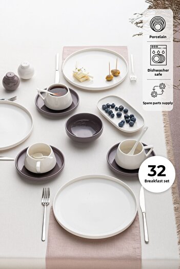 Emsan White - Gray Parla 32 Piece Breakfast Set for 6 People