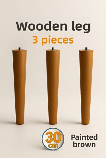 Badem10 30 cm 3-Piece (with Connection Apparatus) Brown Painted Natural Wooden Cylinder Coffee Table Pouf Table Leg Feet