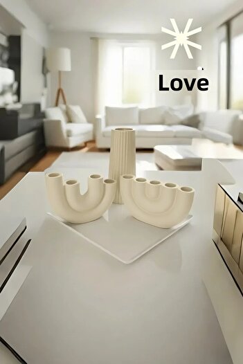 SEVMİNE ✨   Cream Harmony 3-Piece Striped Vase & Candle Holder Set – Bohemian & Scandinavian Cream Desktop Set