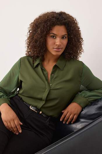 Trendyol Curve Khaki Long Sleeve Button Chiffon Woven Plus Size Shirt Tbbaw23Ax00004
