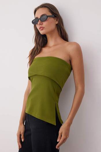 Trendyol Collection Oil Green Strapless Neckline Side Zipper Crepe Knitted Blouse Twoss23Bz00928