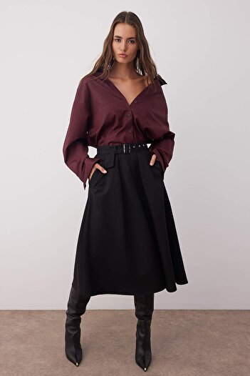 Trendyol Collection Black Belted Woven Flared Midi Skirt Twoaw26Et00034