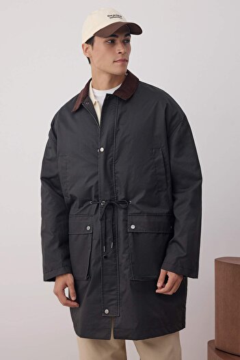Trendyol Collection Black Unisex Fitted Long Velvet Collar Seasonal Stylish Men's Coat Tmnaw26Mo00009