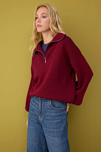 Trendyol Collection Burgundy Wide Fit Zippered Knitwear Sweater Twoaw26Kz00109