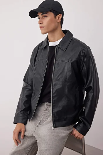 Trendyol Collection Black Regular Fit 100% Pu Faux Leather Men's Coat Tmnaw26Mo00010