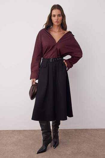 Trendyol Collection Black Belted Woven Flared Midi Skirt Twoaw26Et00034
