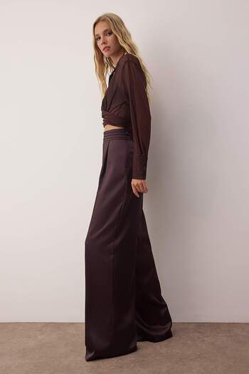 Trendyol Collection Καφέ ίσιο υφαντό σατέν κομψό/νυχτερινό παντελόνι TPRSS23PL00001