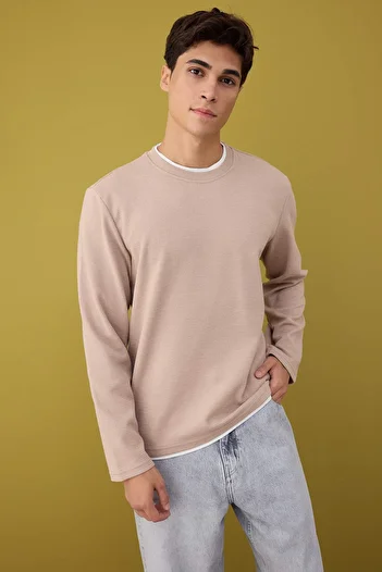 Trendyol Collection Μπεζ κανονικής/κανονικής κοπής με υφή Basic φούτερ TMNAW22SW0658