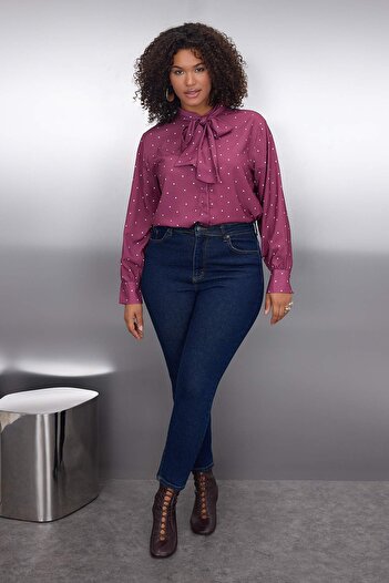 Trendyol Curve Burgundy Polka Dot Long Sleeve Woven Plus Size Blouse Tbbaw26Af00036