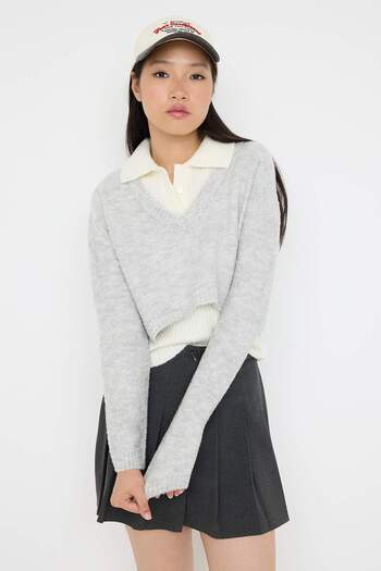 Trendyol Collection Teen Gray 2-Piece Soft Textured Ribbed Inside - Wide Fit Outside Crop Knitwear Sweater Twoaw26Hi00139