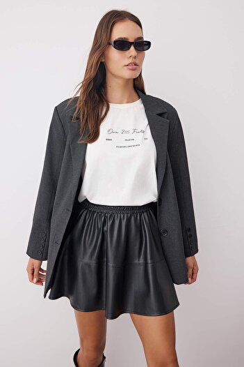 Trendyol Collection Black Gather Detailed Mini Faux Leather Knitted Skirt Twoaw26Et00046