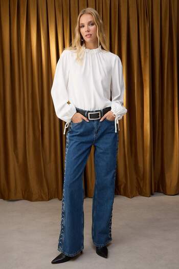 Trendyol Collection Ειδική συλλογή Μπλε τζιν με ψηλή μέση και φαρδιά πόδια με λεπτομέρεια δεσίματος με μάτια TWOAW26JE00012
