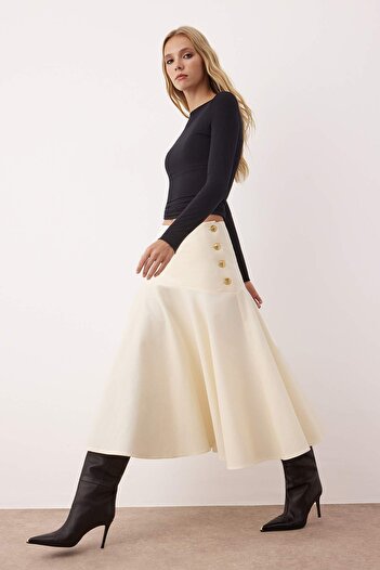 Trendyol Collection Πέτρινο χρυσό κουμπί με λεπτομέρεια Midi μήκους βαμβακερή υφασμένη φούστα TWOAW26ET00033