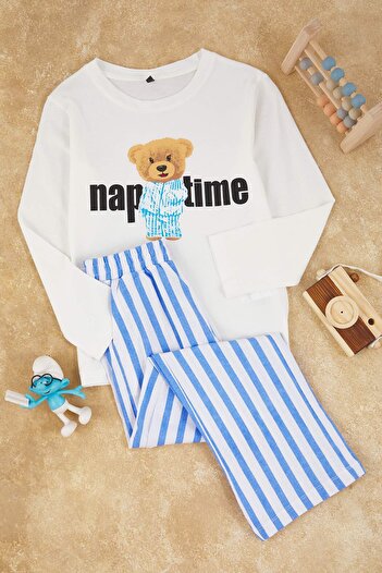 TRENDYOLKIDS Ecru Unisex Kinder-Pyjama-Set aus 100 % Baumwolle, bedruckt, normal gestrickt, TKDAW26PT00001