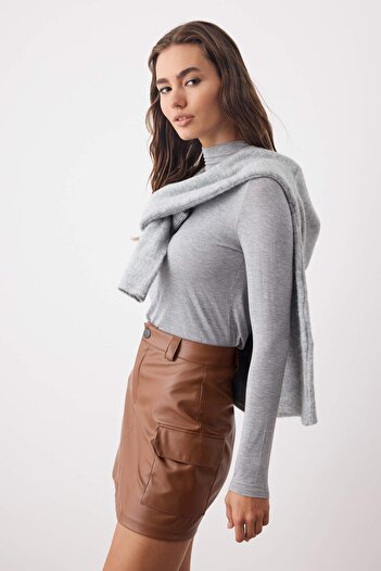 Trendyol Collection Brown Faux Leather Cargo Pocket High Waist Bodycon Mini Skirt Twoaw24Et00148