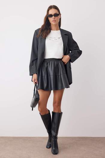 Trendyol Collection Black Gather Detailed Mini Faux Leather Knitted Skirt Twoaw26Et00046