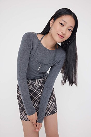 Trendyol Collection Teen Anthracite Melange Fitted/Bodycon Double-Look Knitted Blouse Twoaw26Bz00177
