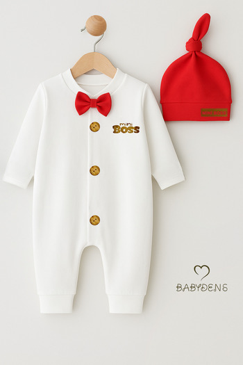BABYDEN'S Little Boss Baby Boy Buttoned Jumpsuit and Beanie Set – Bow Tie, Cuffed Legs, 100% Cotton Baby Jumpsuit