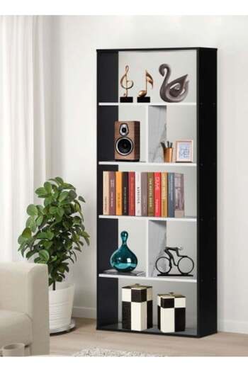 BAITY Open Shelf Unit 5-Tier Malaysian Wood - Black and White Marble
