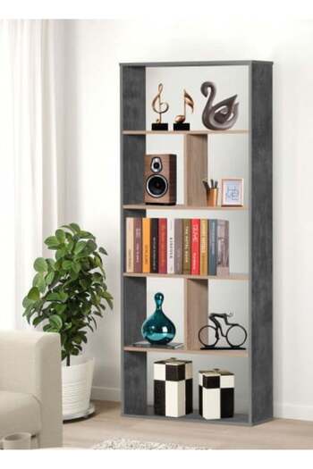 BAITY 5-Story Open Shelving Unit For Books, Antiques And Small Plants Gray With Wood