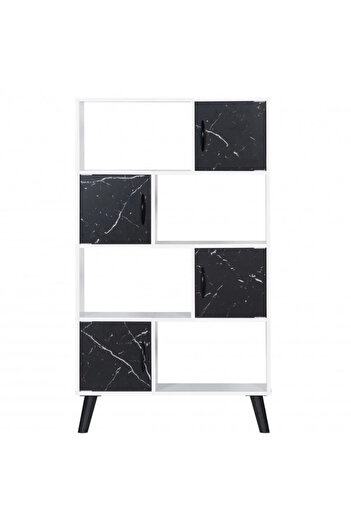 BAITY Malaysian Wood Bookcase with Marble Design - 4 Shelves and Drawers
