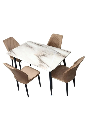 BAYTI Luxury Dining Table Made of Marble Alternative with 4 Light Brown Seats