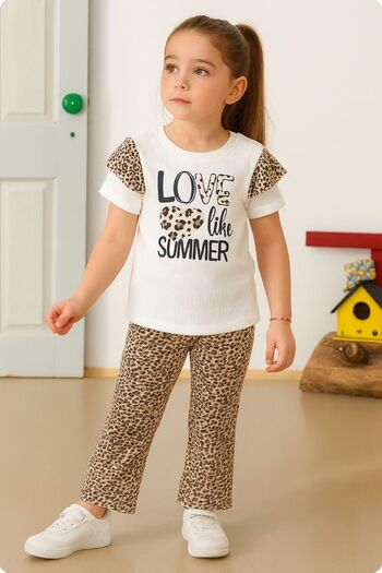 ESİLA KİDS Girl's Leopard Patterned Summer Double Suit Short Sleeve T-Shirt and Leggings