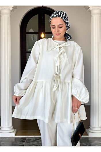 Aselim Hijap Moda Ruffled Tie Modal Woven Fabric Trousers Double Suit Ecru