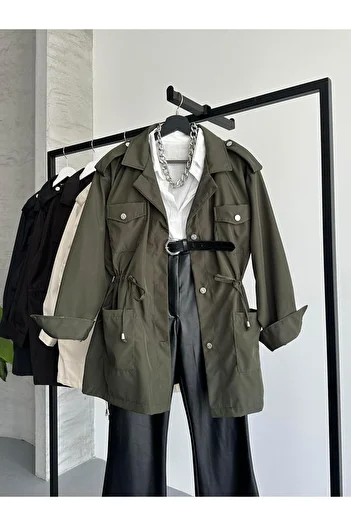 FERZOLAİO Adjustable Drawstring Khaki Safari Trench Coat