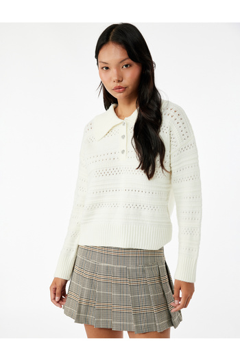 Koton Openwork Long Sleeve Stone Button Polo Neck Knitwear Sweater