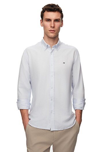 D'S Damat Ds Damat Slim Fit Μπλε Oxford Πέτο με κουμπιά Εύκολο στον σιδέρωμα Κέντημα Λεπτομερές βαμβακερό πουκάμισο