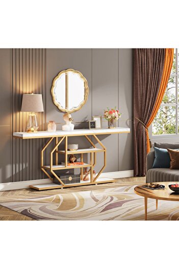 Tribesigns Masă consolă, finisaj marmurat, auriu+alb, lux modern, 180*30*87 cm