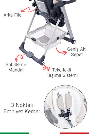 Prego Cappi Yükseklik Kademeli Sırt Kısmı Yatabilir Mama Sandalyesi