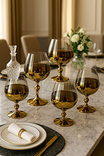 WuuQ Crystal 6-Piece Titanium Plated Gold Color Footed Coffee Pot or Soft Drink Glass Crystal - 250 Cc
