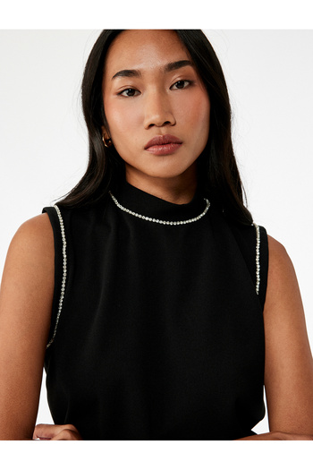 Koton Crepe Scuba Fabric Slim Fit Stand Collar Sleeveless Rhinestone Blouse